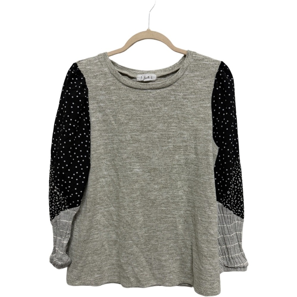 THML Gray Mixed Print Balloon Sleeve Knit Top Blouse Size Medium Polka Dot
